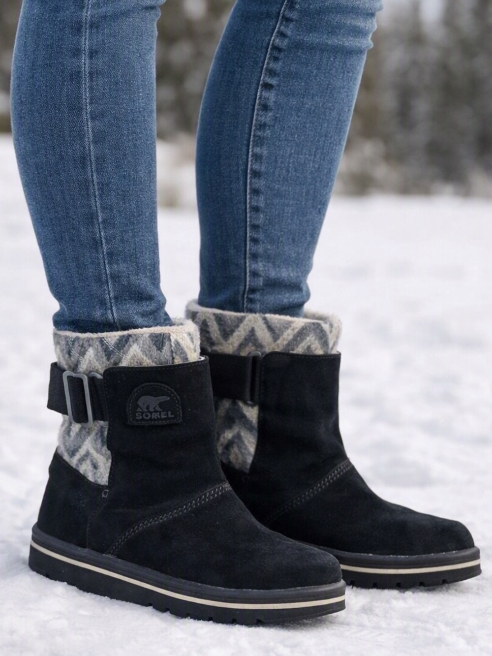 Sorel Women's Black Suede Ankle Boots with Gray Patterned Knit Cuff